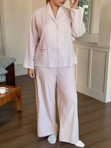 Dazy Plus 2pcs Plus Size Women Casual Striped Loose Fit Long Top And Pants Pajama Set, Spring/Autumn - Red - View 4