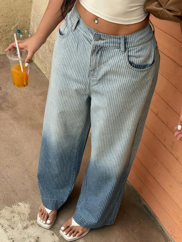 Dazy Plus Western Cowgirl Ombre Washed Loose Wide Leg Jeans, Casual Vacation Summer Pants, Plus Size Women All Season Denim Trousers
