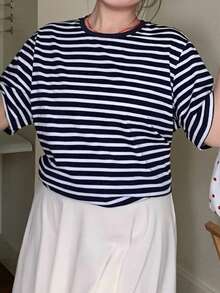 Dazy Plus 撞色条纹圆领宽松短袖粉色T恤，春夏款 - 藍白色 - 查看 8