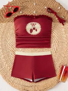 Swim Mod Women's Lace Trim Sexy Camisole Spaghetti Strap Bikini Top, Beach & Holiday Style, Spring/Summer - Red - View 4