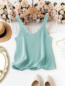 SHEIN Clasi Áo hai dây dệt kim màu trơn tối giản, phong cách thường ngày, dành cho nữ, cỡ lớn, thích hợp cho mùa hè, đi nghỉ mát. - Màu xanh lam - Xem 2