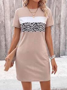 EMERY ROSE Women's Casual Leopard Print Patchwork Round Neck Short Sleeve Dress - Multicolor - View 4