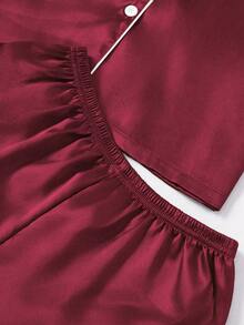 3pcs Contrast Trim Solid Color Faux Silk Lapel Women Pajama Set - Burgundy - View 6
