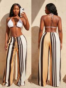 SHEIN SXY Women's Black And White Striped Linen-Like Wide Leg Pants,High Waist Elastic Waistband Summer Boho Elegant Beach Holiday Casual Long Trousers Outfit - Multicolor - View 5