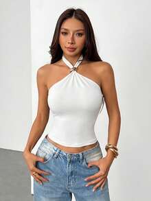SHEIN PETITE 女士纯色金属装饰时尚修身露背上衣，适合音乐会、节日派对等场合 - 白色 - 查看 8