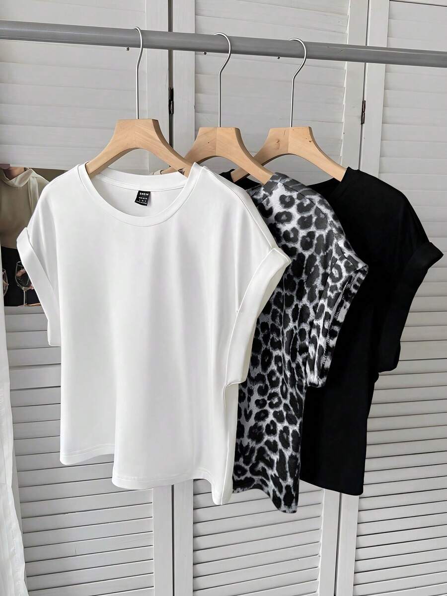 SHEIN LUNE 3件/組 女款休閒純白印花短袖T恤上衣 女裝上衣 女士夏季日穿上衣 - 灰色 - 查看 1