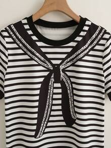 Everyssa 女士短袖圆领条纹T恤，休闲风，夏季，休闲 - 黑與白 - 查看 4