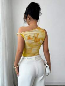 Selianne Damen Bluse mit asymmetrischer Schulter und Blume Muster, figurbetonter modischer Schnitt - Gebrannte Orange - Übersicht 2