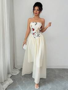 Elenzga 女士无袖束腰无肩带连衣裙，饰有刺绣网纱拼接，A字廓形，春夏款 - 杏色 - 查看 7