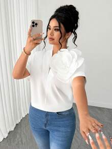 Elenzga Elegante Damen Bluse in Große Größen mit 3D-Blumenapplikation, tiefem V-Ausschnitt und ärmellos, weiß, sommerlich, für Party, lässig und Smart, für den täglichen Gebrauch - Beige - Übersicht 5