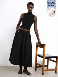 Maija Nueva falda A-line de primavera/verano con bolsillos laterales plisados, cinturón de metal de piel de PU desmontable, elegante para la oficina - Negro - Ver 6