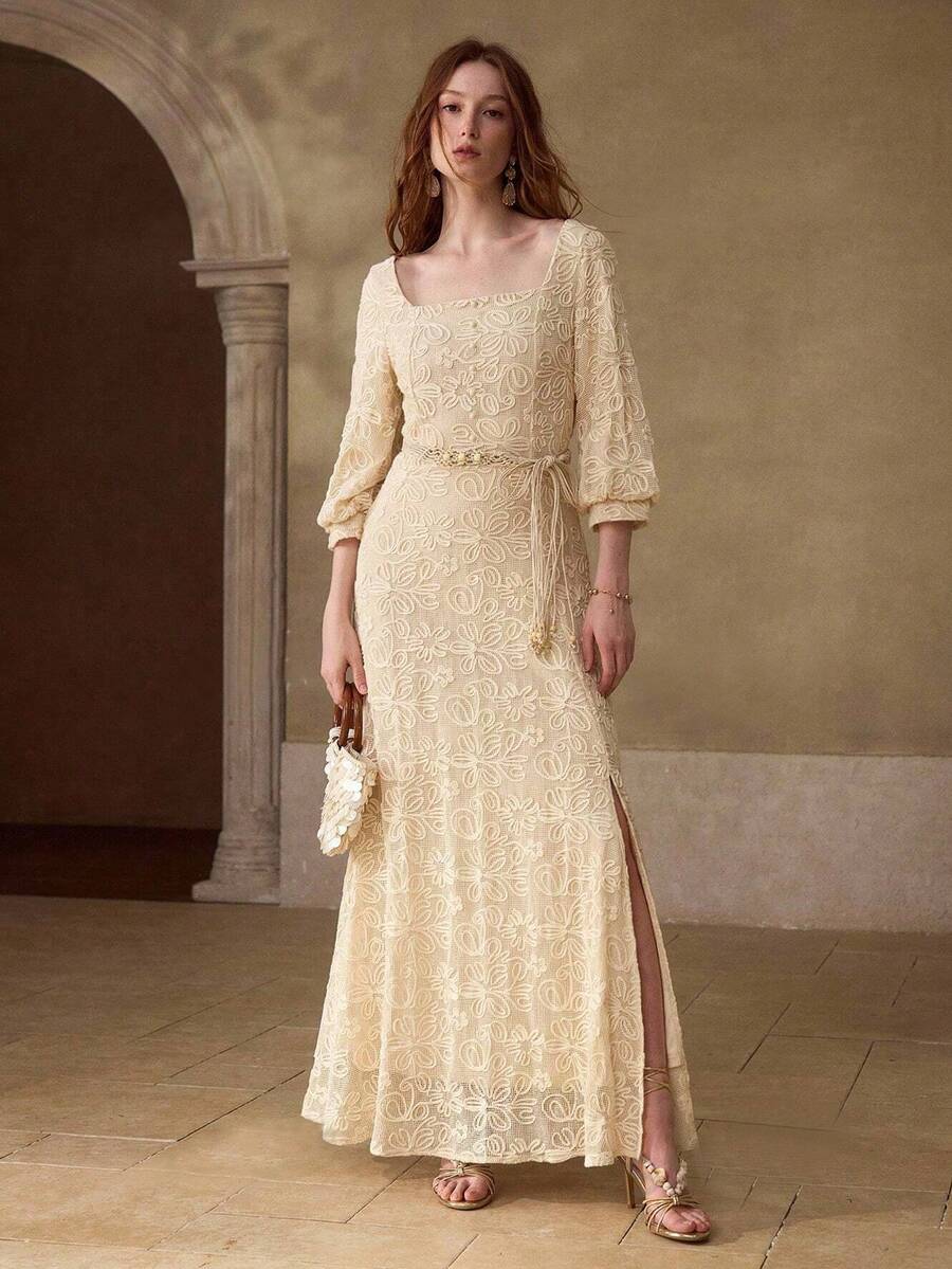 MOTF PREMIUM ELEGANT SPLIT HEM DRESS FOR WOMEN - Apricot - View 1