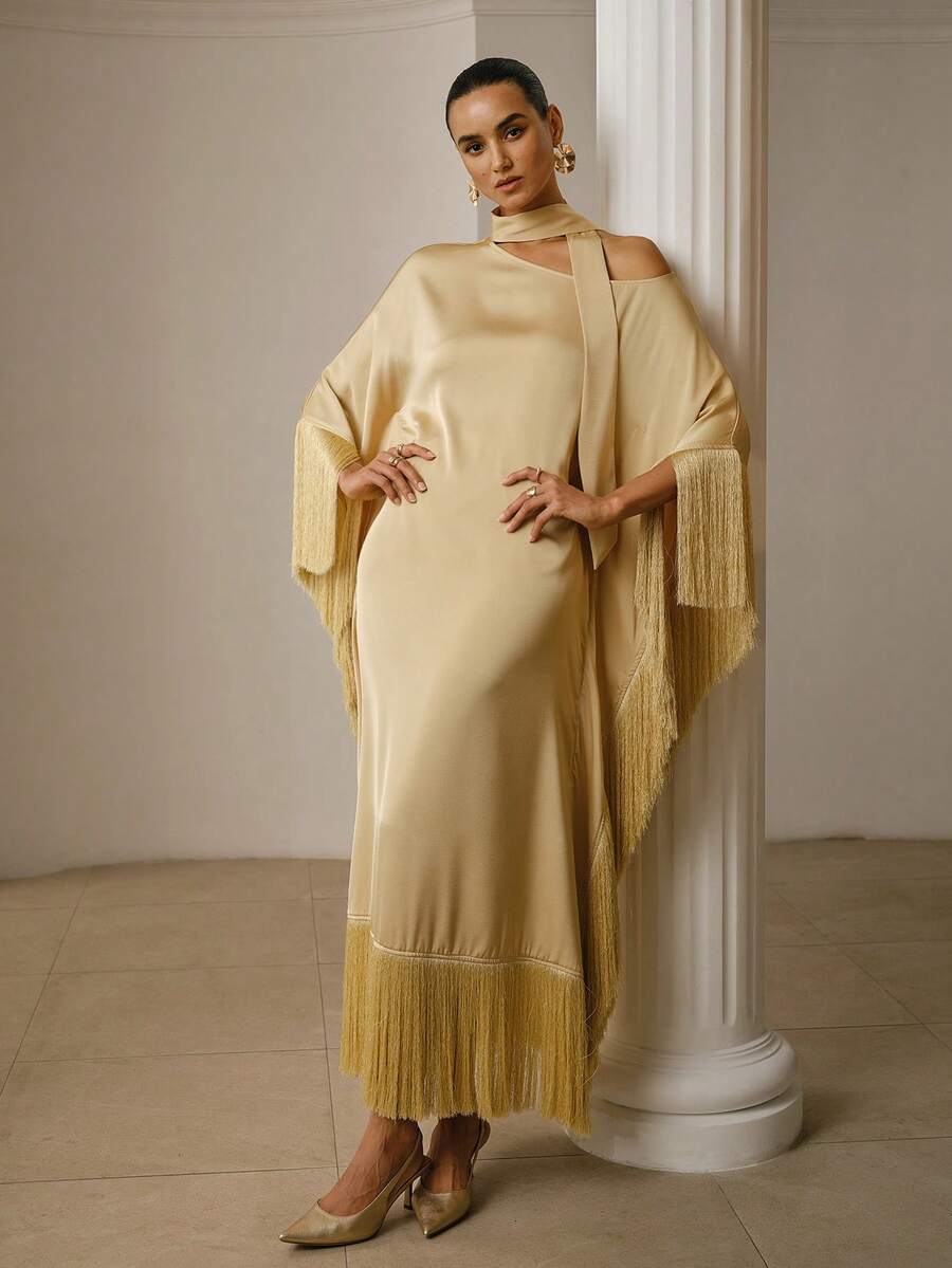 ZEYLAH Loose Flowy Fringed Dress With Asymmetric-Shoulder Sash, Spring - Champagne - View 1