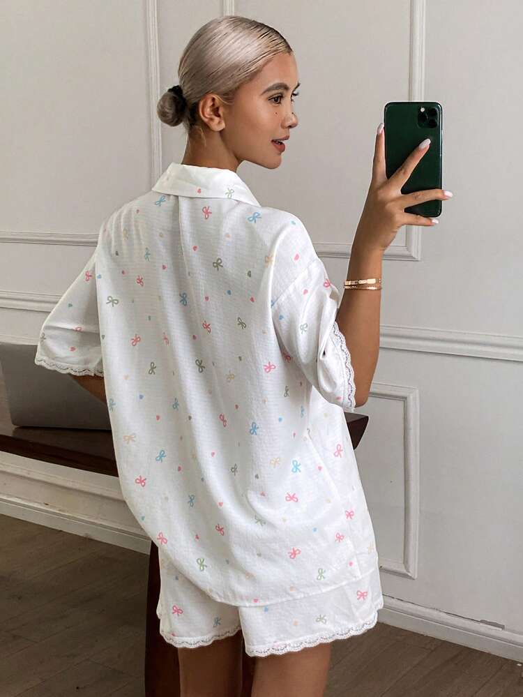 2pcs Colorful Bow Lace Patchwork Loose Short Sleeve Cardigan Top And Straight Shorts Pajama Set For Women, Summer