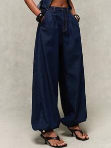 Normani Quần jeans nữ thường ngày có túi và nút - Rửa tối - Xem 5