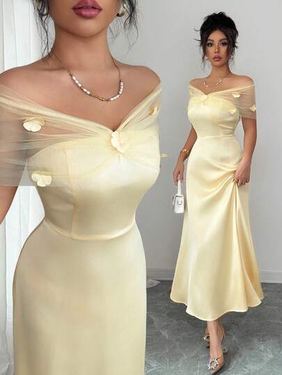 Modelyn Women's French Elegant Mesh Floral Accent Off-Shoulder Satin Midi Dress, Suitable For Parties, Weddings, Spring/Summer Satin Dress For Women Elegant Where To Buy Evening Dresses Satin Dress For Wedding Bridesmaid Gown For Wedding Online Bridesmaid Dress Stores Yellow Dress Off-Shoulder Dress Dinner Dress For Women Flower Embellishment Dress Elegant Dress