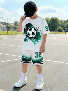 SHEIN Vacaura 男童撞色篮球印花短袖T恤和短裤两件套，活力街头服饰，适合休闲和运动场合 - 彩色 - 查看 3