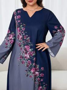 Al Najma Plus Size Elegant Contrast Color Floral Print Flare Sleeve Dress - Navy Blue - View 6