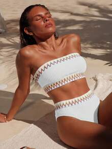 Swim Chiccia Set Bikini Bandeau Patchwork Pantai Musim Panas Wanita, Motif Bandeau Acak - Putih - View 1