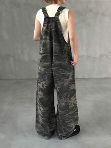 FRIFUL Bộ jumpsuit denim ống rộng dáng suông in họa tiết rằn ri phong cách đường phố thường ngày dành cho nữ, phù hợp cho việc đi lại hàng ngày. - Màu xanh lam - Xem 4