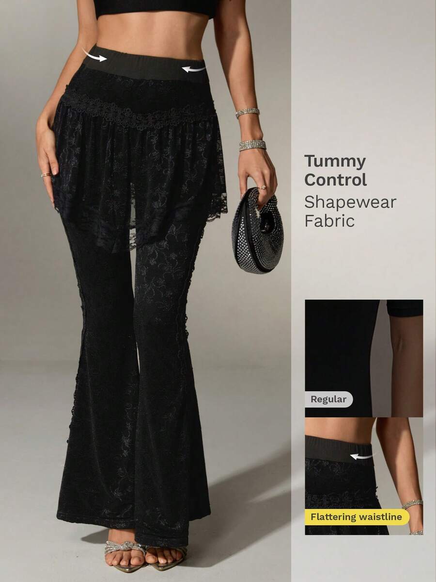 Nuvra Lace Flared Pants, Comfortable 2 In 1 Design, Versatile For Commuting, Summer Party Night Black Elegant - Black - View 1