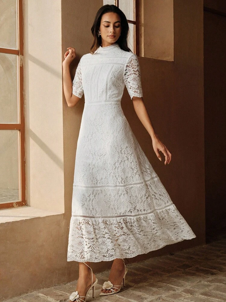 Women's Elegant Vacation/Party Fitted White Lace Short Sleeve Dress, Slimming, Spring/Summer