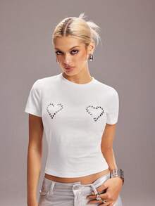 Y2Kool Maria Clara Maia White Metallic Foil Shiny Heart Y2K Sexy Baddie Casual Street Chic High Cotton Women Round Neck Bodycon Short Sleeve T-Shirt Spring/Summer Club Night - White - View 4