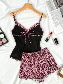ZzzCrew 2pcs Women Leopard Print Patchwork Bow Sleepwear Set - Multicolor - View 5