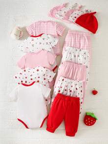 SHEIN 男女宝宝可爱五件套：连体衣+裤子+帽子，夏季 - 粉色 - 查看 2