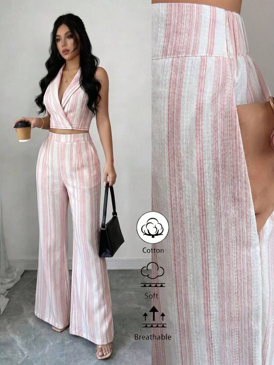 Elenzga Bộ đồ 2 mảnh thời trang thường ngày thanh lịch dành cho mùa xuân/hè, gồm áo không tay cổ bẻ và quần ống loe hai túi, chất liệu vải lanh dệt họa tiết, phối cùng quần ống rộng hai túi. - Hồng - Xem 1