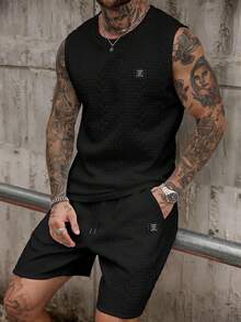 Manfinity CasualCool 2pcs/Set Men's Knit Casual Plus Size Tank Top And Shorts, Holiday - Black - View 1