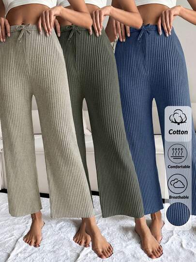 WovenCharm 100%Cotton 3 Pcs Solid Knit Pant Set Cotton Blend Pants Comfortable Pants Ribbed Knit Pants