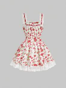 Sweetness Đầm ngắn dáng chữ A thắt eo bằng ren hoa ngọt ngào mùa xuân/hè, phong cách đồng quê nghỉ dưỡng. - Đỏ - Xem 2