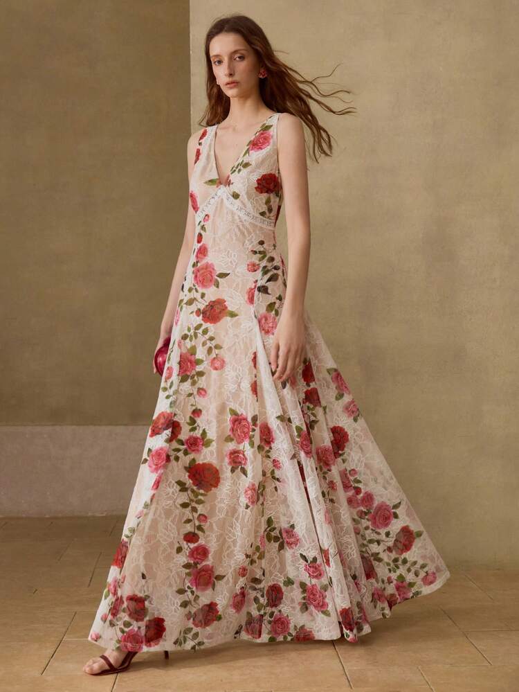 WOMEN'S ROMANTIC ELEGANT LACE FLORAL PRINT DRESS