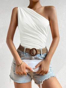 One Shoulder Ruched Side Top,Ladies Casual Ruched Asymmetrical Neck Slim Fit White Plain Women Tops,Spring/Summer,Party/Nightclub Outfits - White - View 5