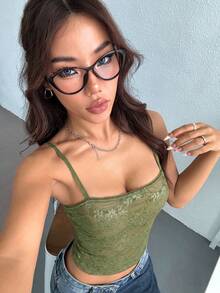 SHEIN EZwear 女士休闲蕾丝吊带背心，军绿色，夏季 - 軍綠色 - 查看 3