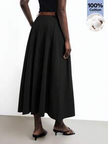 Maija Nueva falda A-line de primavera/verano con bolsillos laterales plisados, cinturón de metal de piel de PU desmontable, elegante para la oficina - Negro - Ver 3