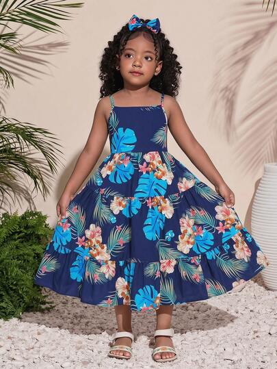 SHEIN Young Girl Summer New Arrival Woven Blue Floral Hollow Back Bow Tie Strap Dress, Suitable For Beach, Vacation, Outdoor Trips Young Girl Tropical Plant Print Spaghetti Strap Dress Summer Dress