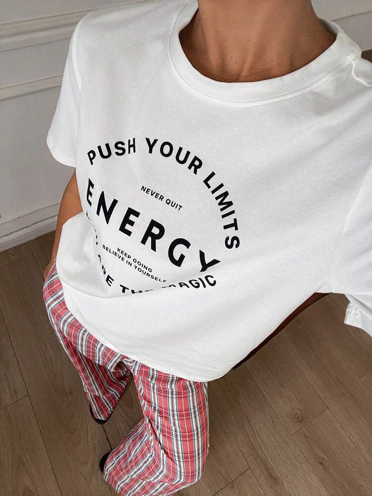 Women's Letter Print Round Neck Short Sleeve Top And Pants Casual Loungewear Set