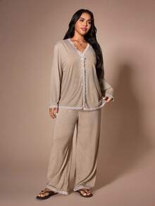 Lazeform Women's Casual V-Neck Knit Cardigan With Lace Trim, Long Sleeve Long Sleepwear Set, Plus Size - Khaki - View 3