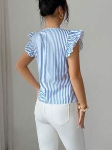 SHEIN Franclia 女士金属太阳装饰条纹荷叶袖衬衫 - 藍白色 - 查看 3