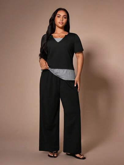 Lazeform 大码休闲撞色V领短袖修身高弹针织面料睡衣套装（女款）