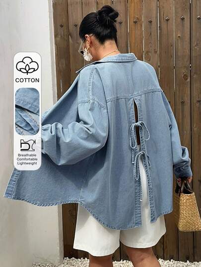 Livesso Curve Light Wash Blue Back Slit Tie Design Casual Loose Denim Blouse Shirt, Suitable For Work & Commute, Spring/Summer