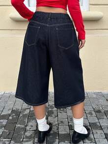 Dazy Plus Plus Size Women's Washed Dark Blue Casual Straight Leg Cropped Jeans, Versatile Western Cowgirl Style, Spring/Summer - Dark Wash - View 2