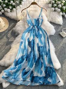 Rometta Plus Size Women Ink Tie Dye Print Strapless Midi Dress, French Style Waist Cinched A-Line Beach Dress, Summer - Blue - View 2