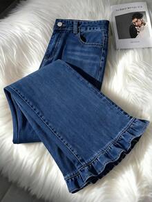 GlowEve Quần jeans ống loe xếp ly dáng thường ngày cho nữ, chất liệu wash. - Màu xanh lam - Xem 1