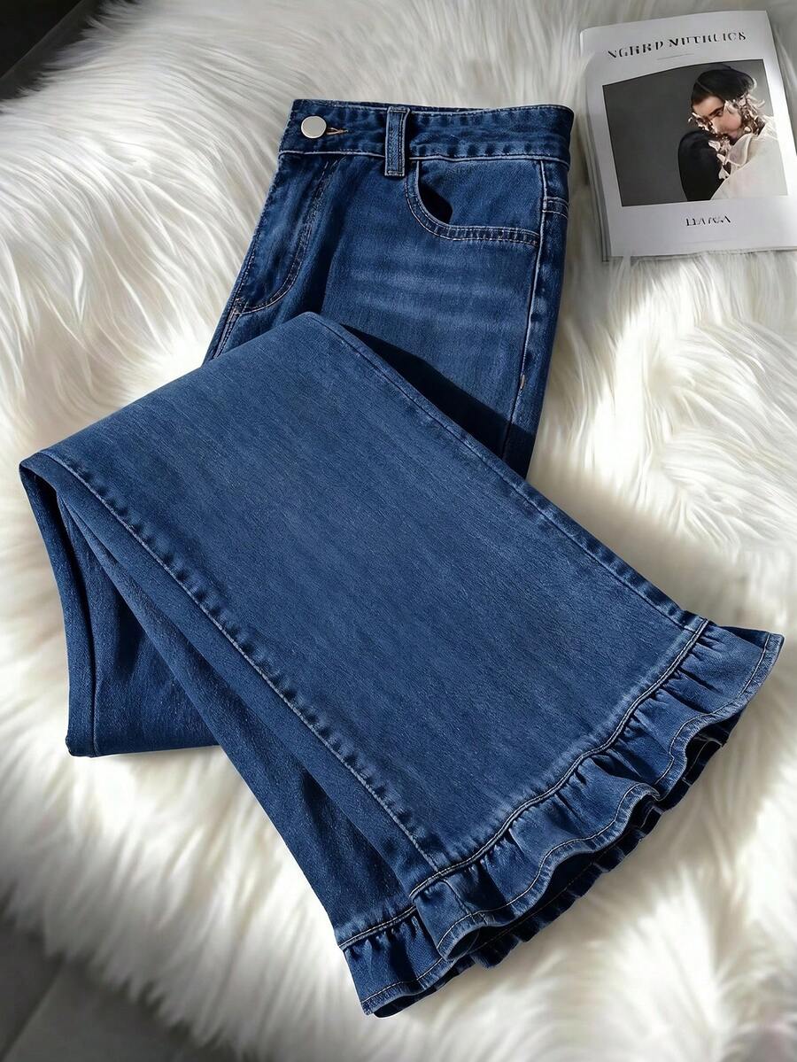 GlowEve Quần jeans ống loe xếp ly dáng thường ngày cho nữ, chất liệu wash. - Màu xanh lam - Xem 1