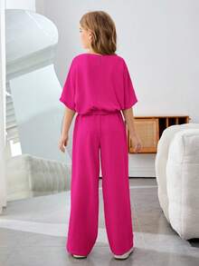 SHEIN Set 2 Potong Nova Glow untuk Liburan Anak Perempuan Remaja, Warna Polos, Leher Bulat, Lengan Pendek - Hot Pink - View 2