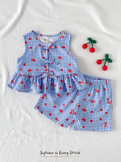 Cozy Pixies 女宝宝可爱夏季度假蓝白格子樱桃图案蝴蝶结无袖上衣和松紧腰短裤套装