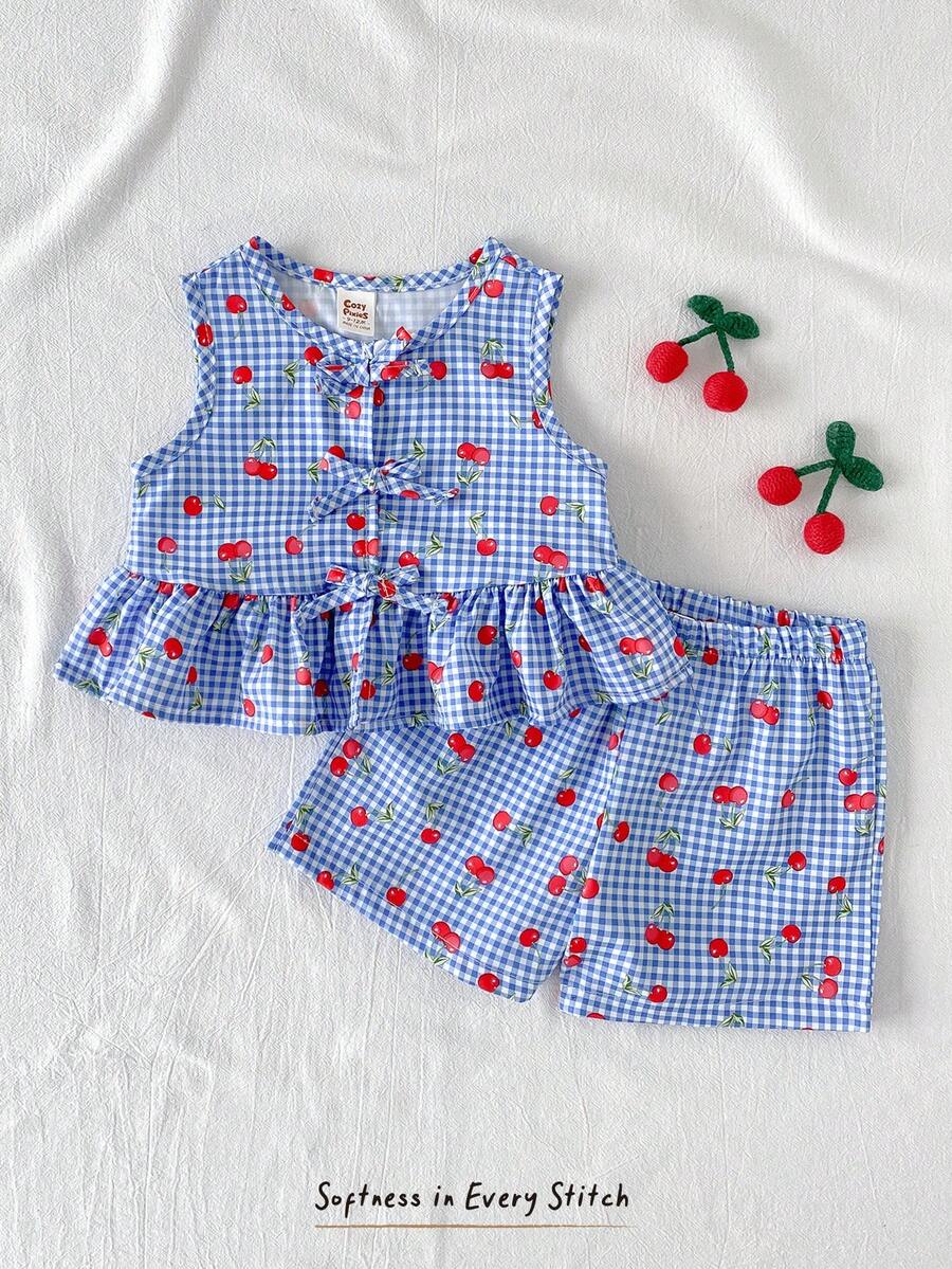 Cozy Pixies 女宝宝可爱夏季度假蓝白格子樱桃图案蝴蝶结无袖上衣和松紧腰短裤套装 - 藍色 - 查看 1